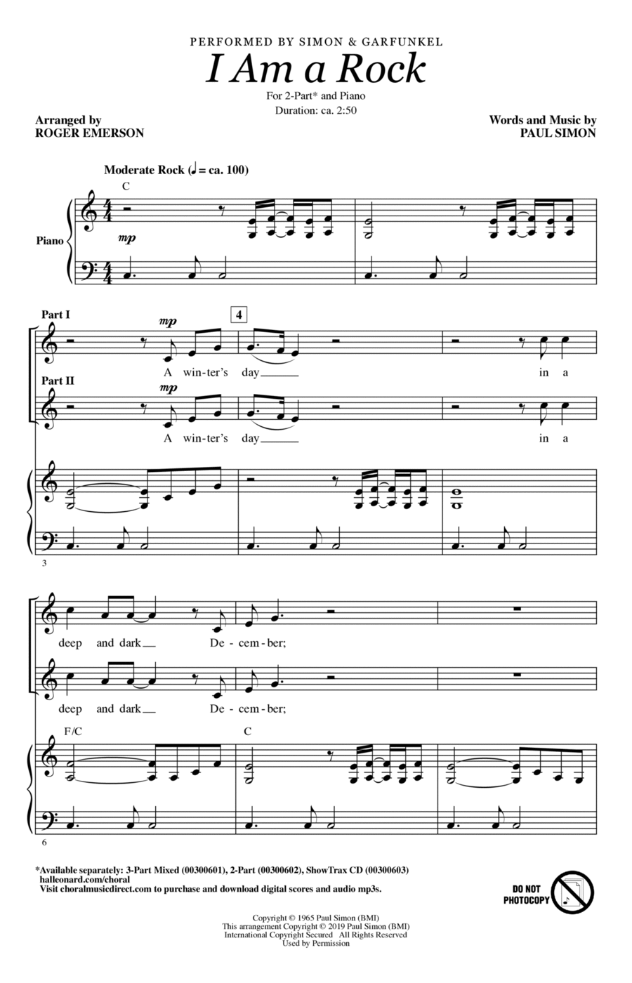 I Am A Rock (arr. Roger Emerson) 2-Part scores gallery preview page 1