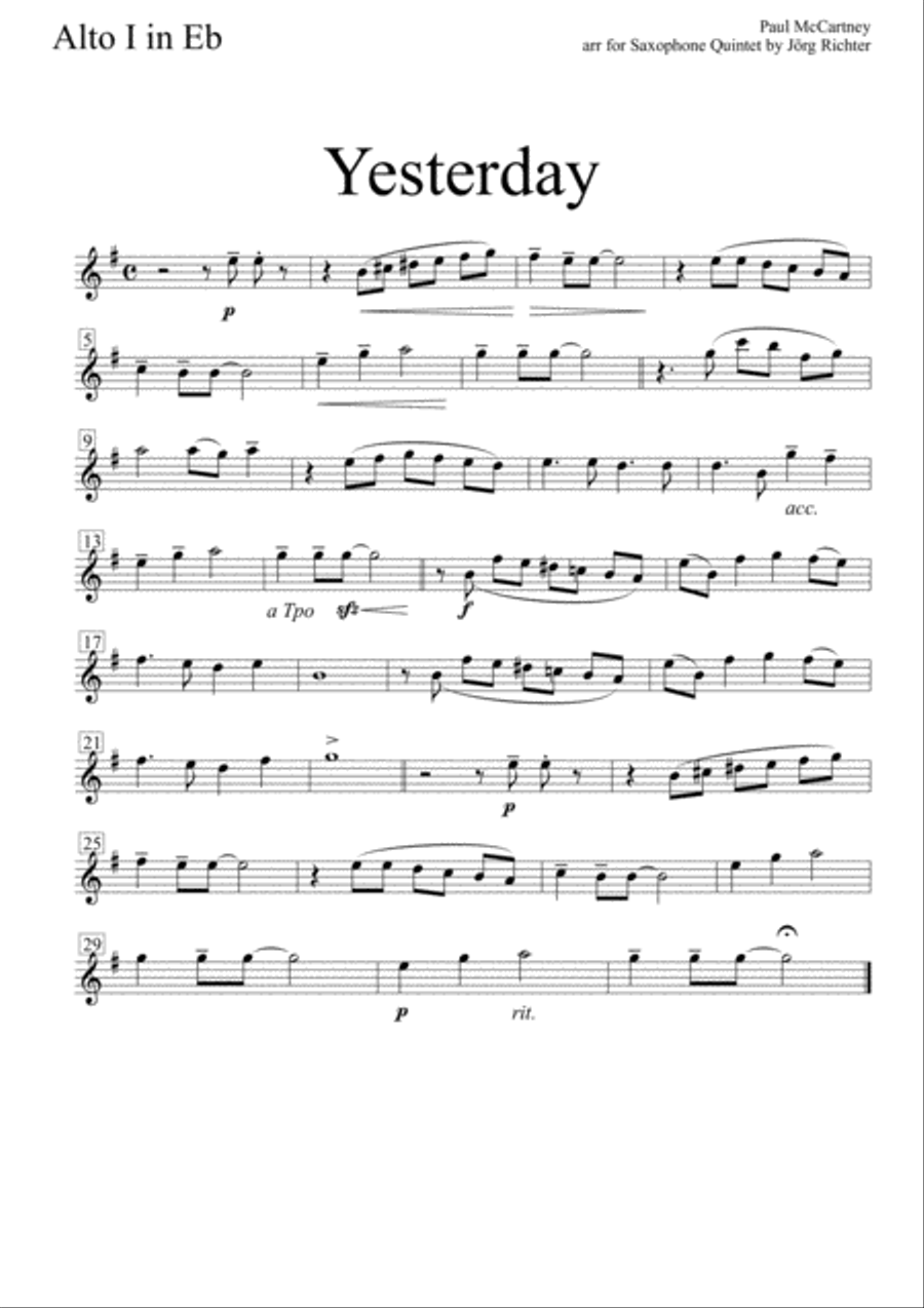 Yesterday Yesterday Saxophone Quintet scores gallery preview page 5