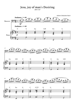 Jesu, joy of man's Desiring fo Bassoon and Piano (With Chords) - Score and Parts