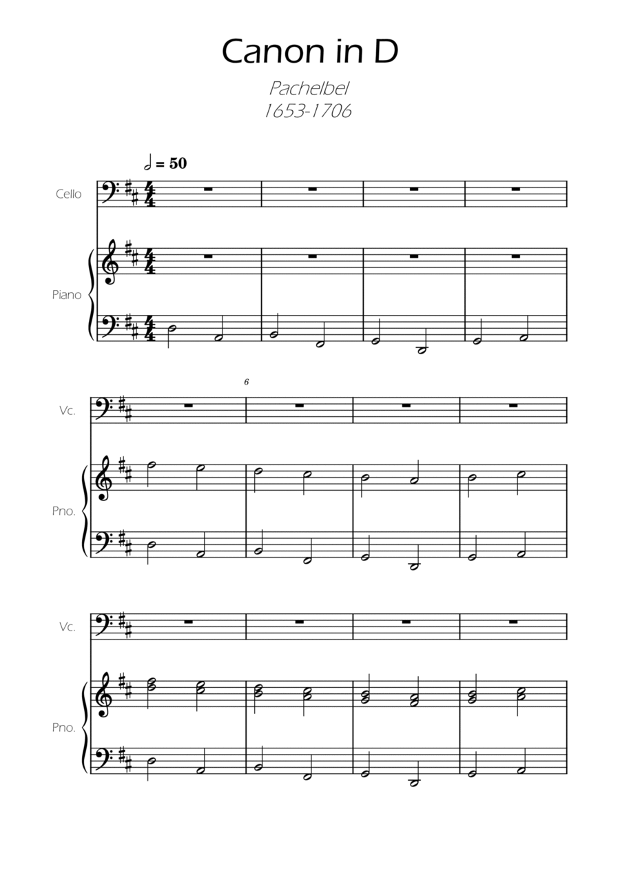 Canon in D Easy Cello and Piano Piano scores gallery preview page 1