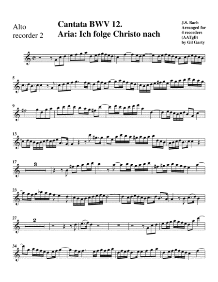 Aria: Ich folge Christo nach from cantata BWV 12 (Arrangement for 4 recorders) image number null