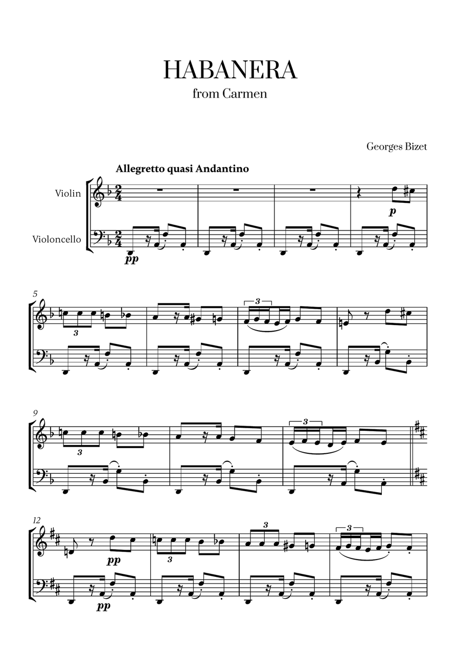 Georges Bizet - Habanera (from Carmen) for Violin and Cello String Duet scores gallery preview page 1