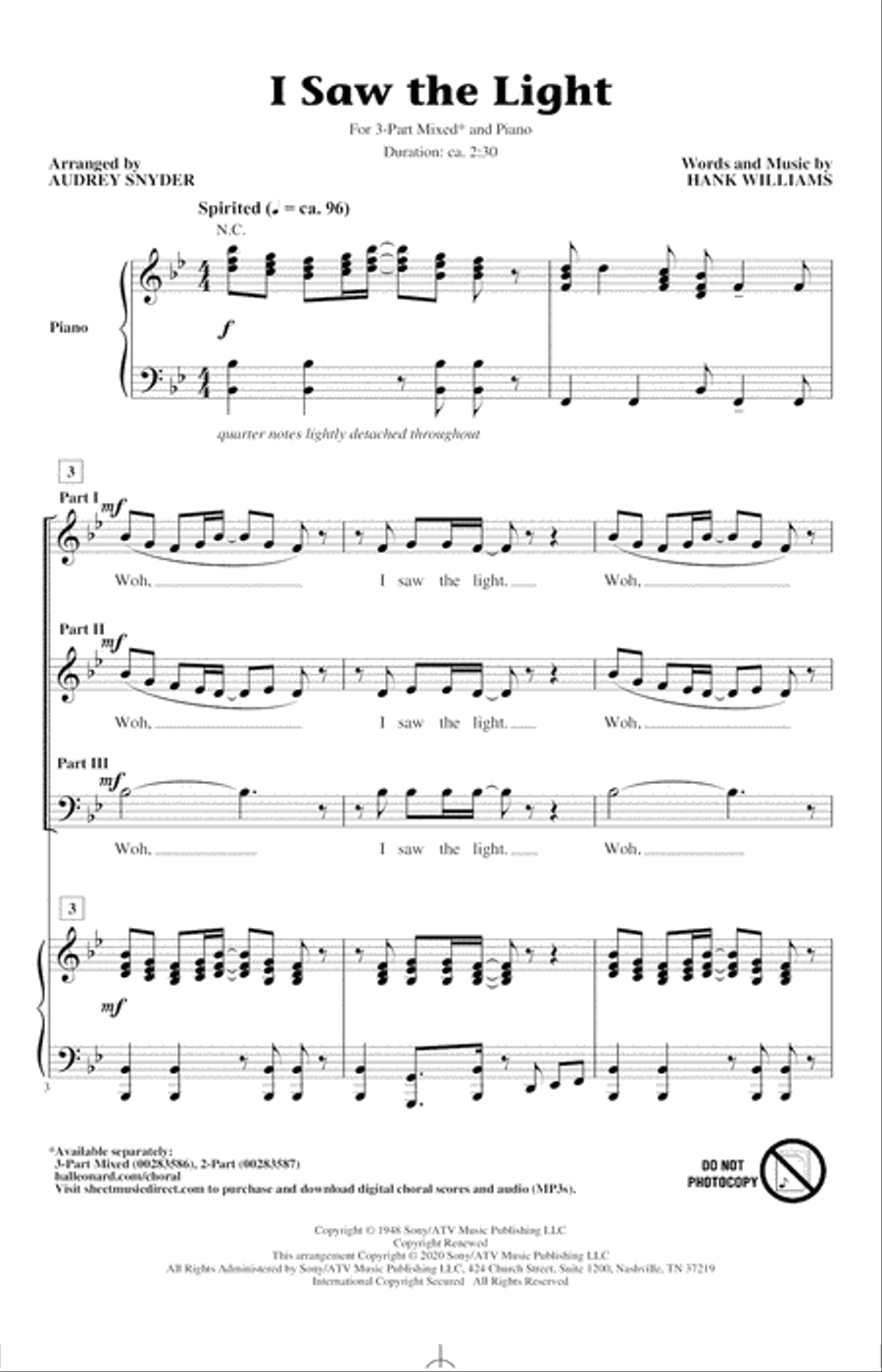 I Saw The Light (arr. Audrey Snyder) 3-Part scores gallery preview page 1