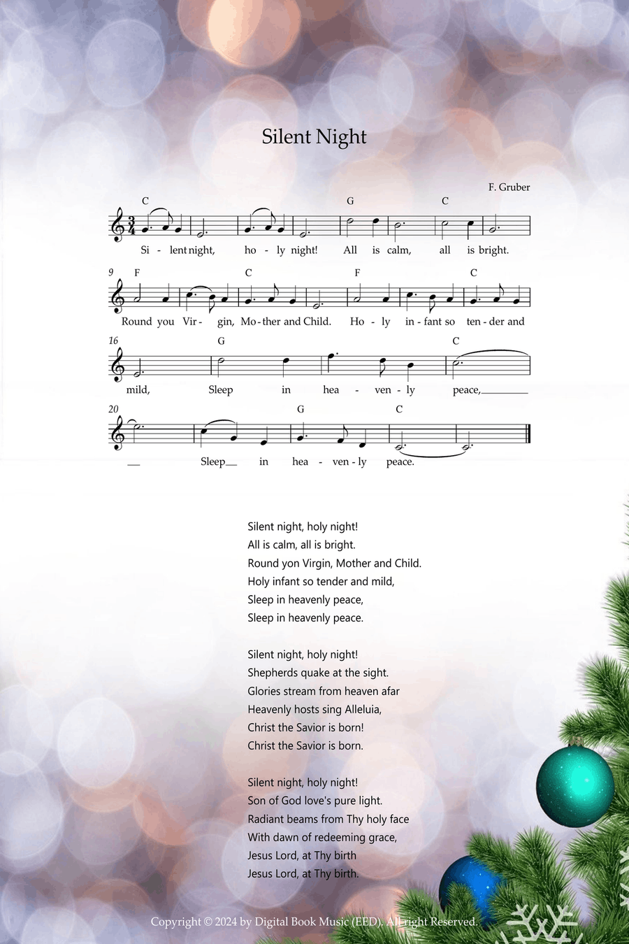 Silent Night - Franz Xaver Gruber (with Lyrics + Chords) Voice Solo scores gallery preview page 1