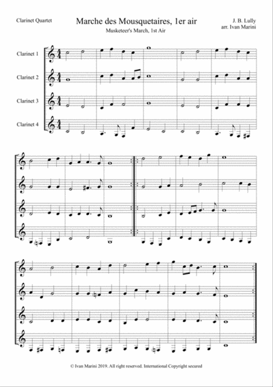 MARCHE DES MOSQUETAIRES (Musketeer's March) - by J. B. Lully - for 4 Clarinets Clarinet Quartet scores gallery preview page 2