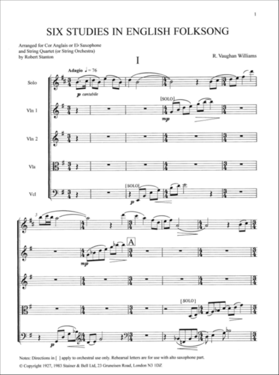 Six Studies in English Folk Song for Solo Cor Anglais and String Quartet or String Orchestra String Quartet scores gallery preview page 2