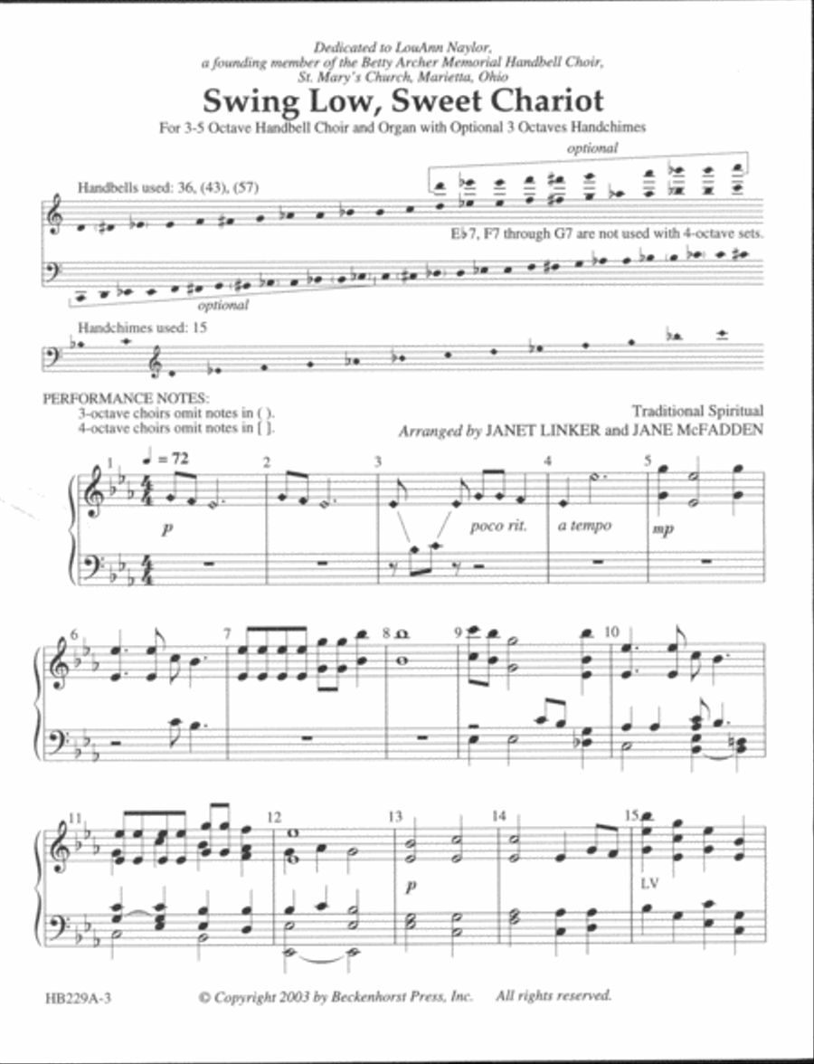 Swing Low, Sweet Chariot - Handbell Part 5-Octaves scores gallery preview page 2