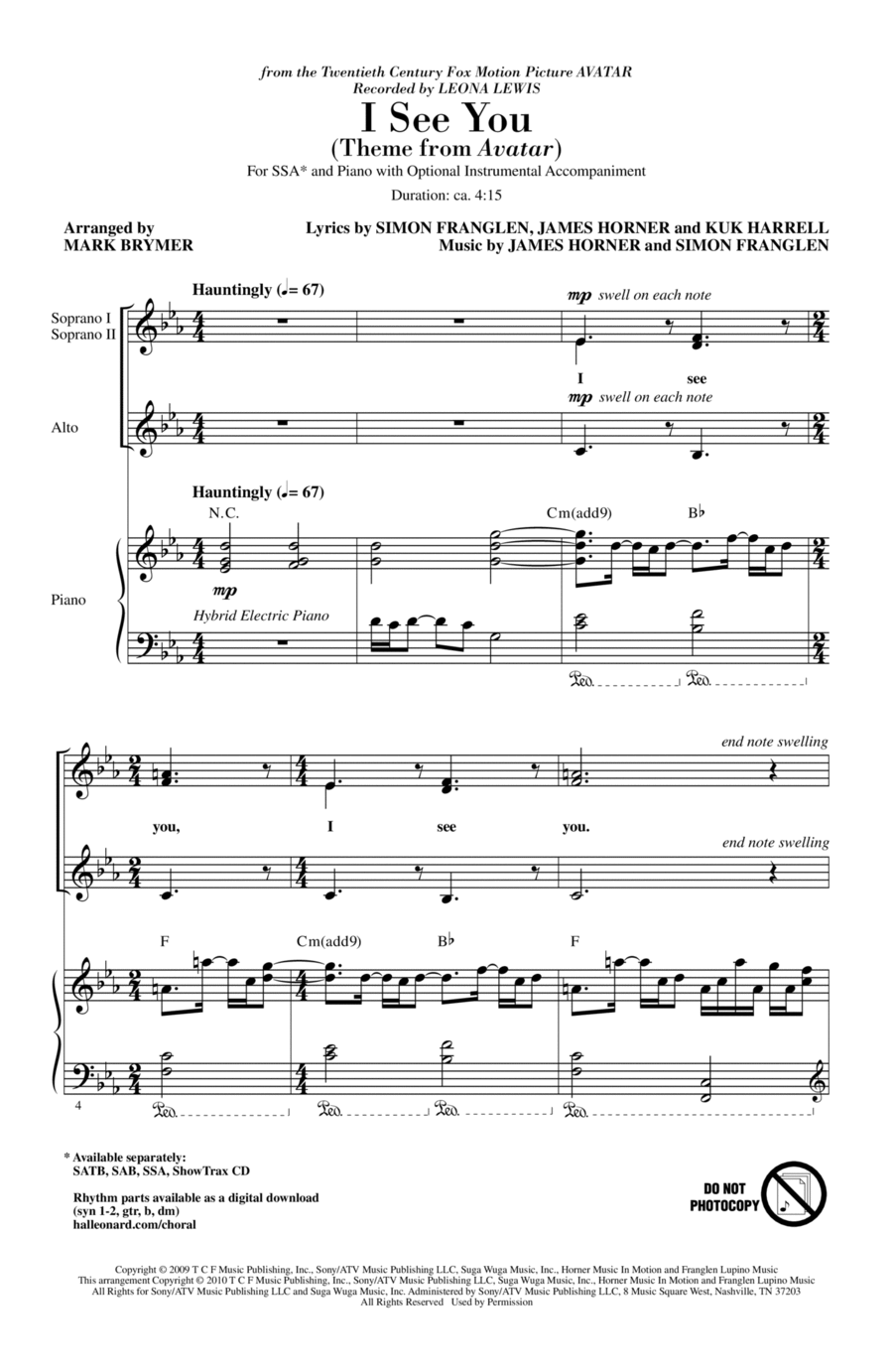 I See You (Theme from Avatar) SSA scores gallery preview page 1