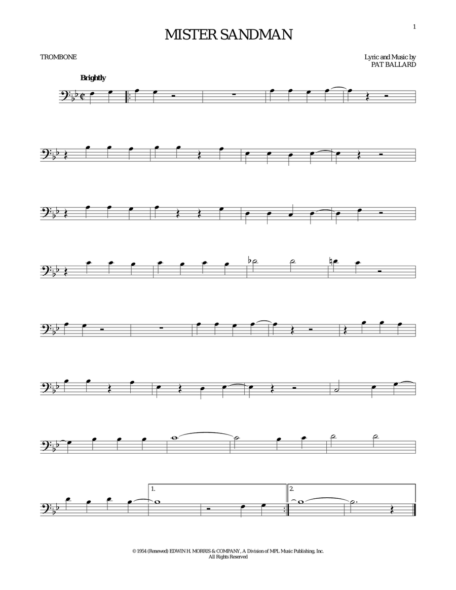 Mister Sandman Trombone Solo scores gallery preview page 1