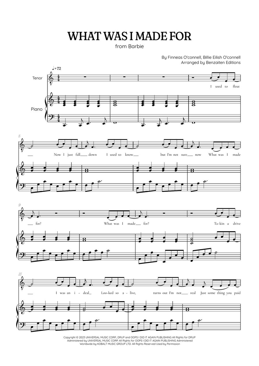 What Was I Made For? Tenor Voice scores gallery preview page 1