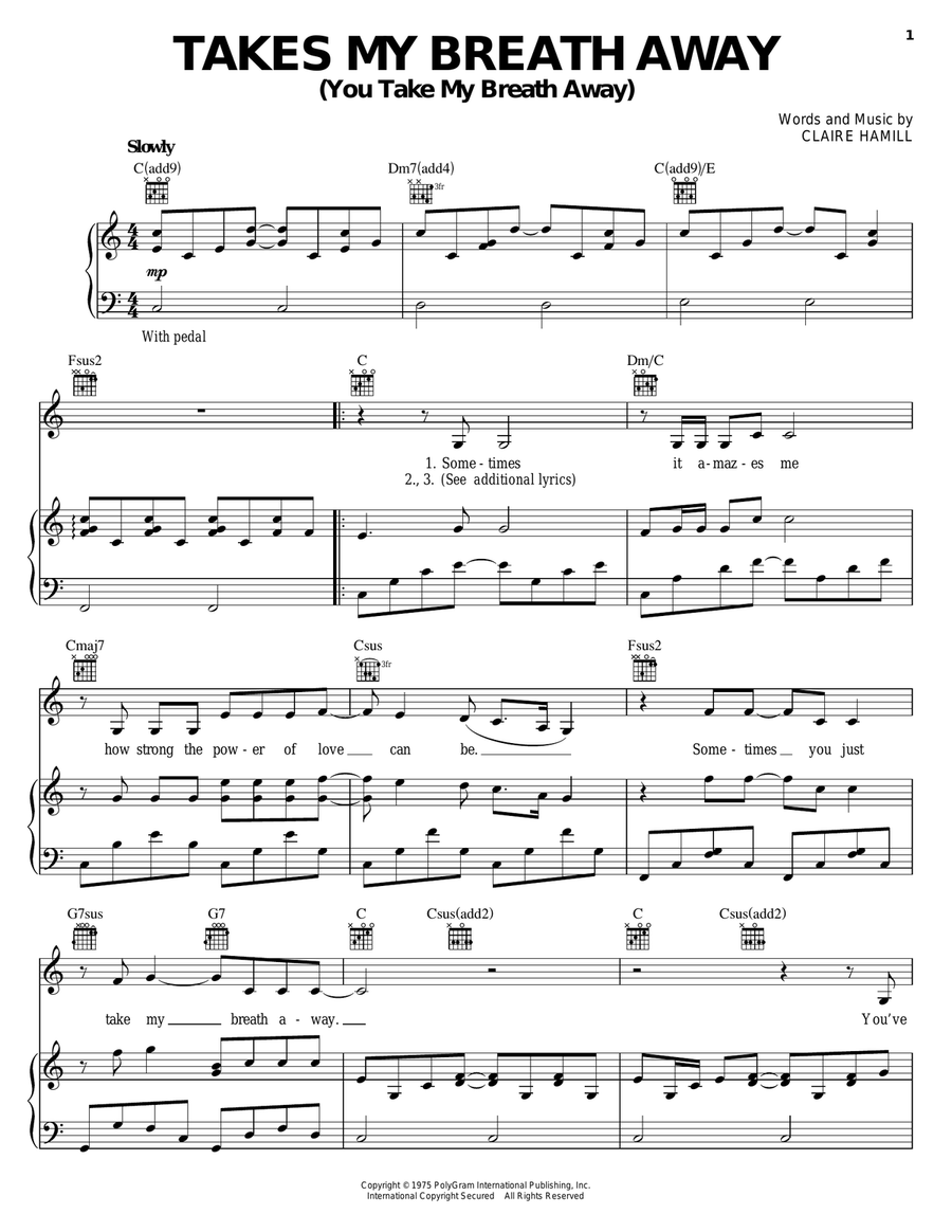 Takes My Breath Away (You Take My Breath Away) Piano, Vocal, Guitar scores gallery preview page 1