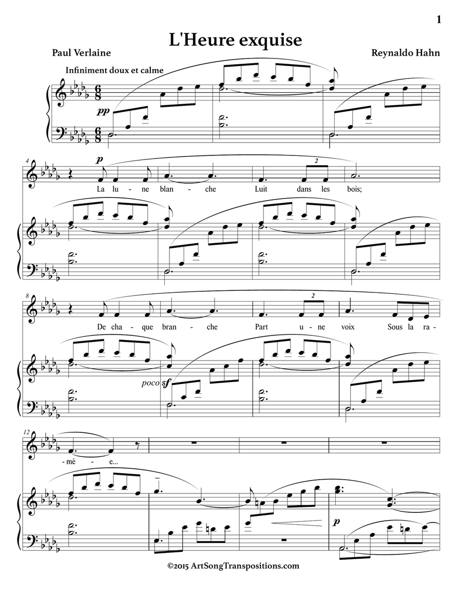 HAHN: L'heure exquise (in 3 medium keys: D-flat, C, B major) Piano, Vocal scores gallery preview page 2