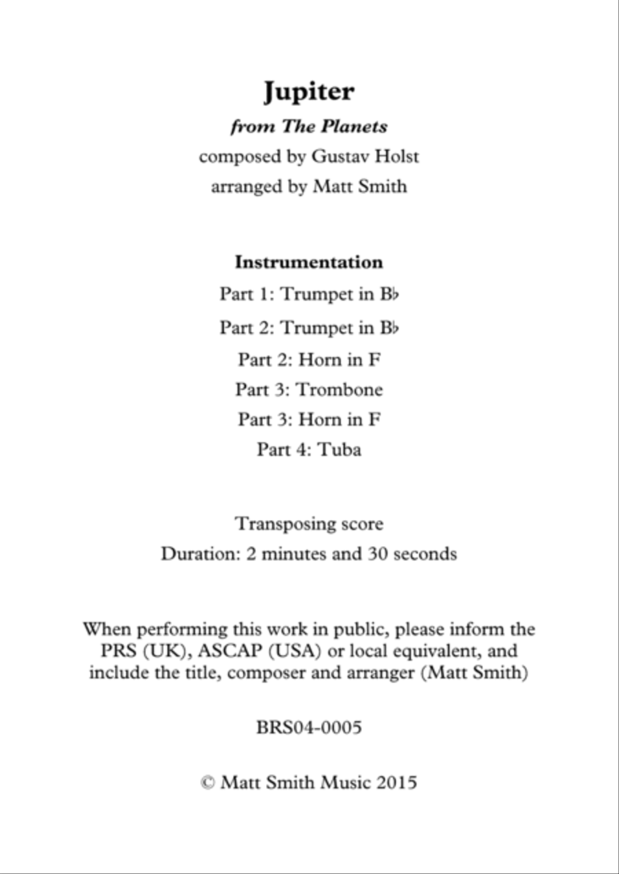 Jupiter from The Planets by Gustav Holst - BRASS QUARTET/QUINTET Brass Quartet scores gallery preview page 2