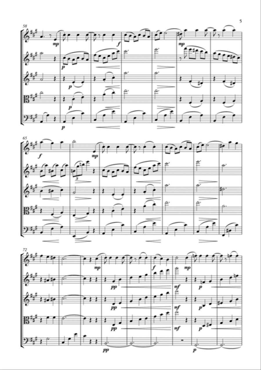 Valse Miniature arranged for double bass in solo tuning and string quartet/string orchestra. String Quartet scores gallery preview page 5