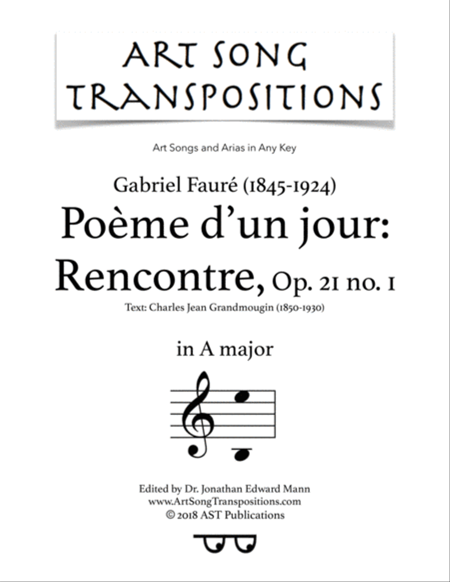 FAURÉ: Rencontre, Op. 21 no. 1 (transposed to A major) Voice scores gallery preview page 1