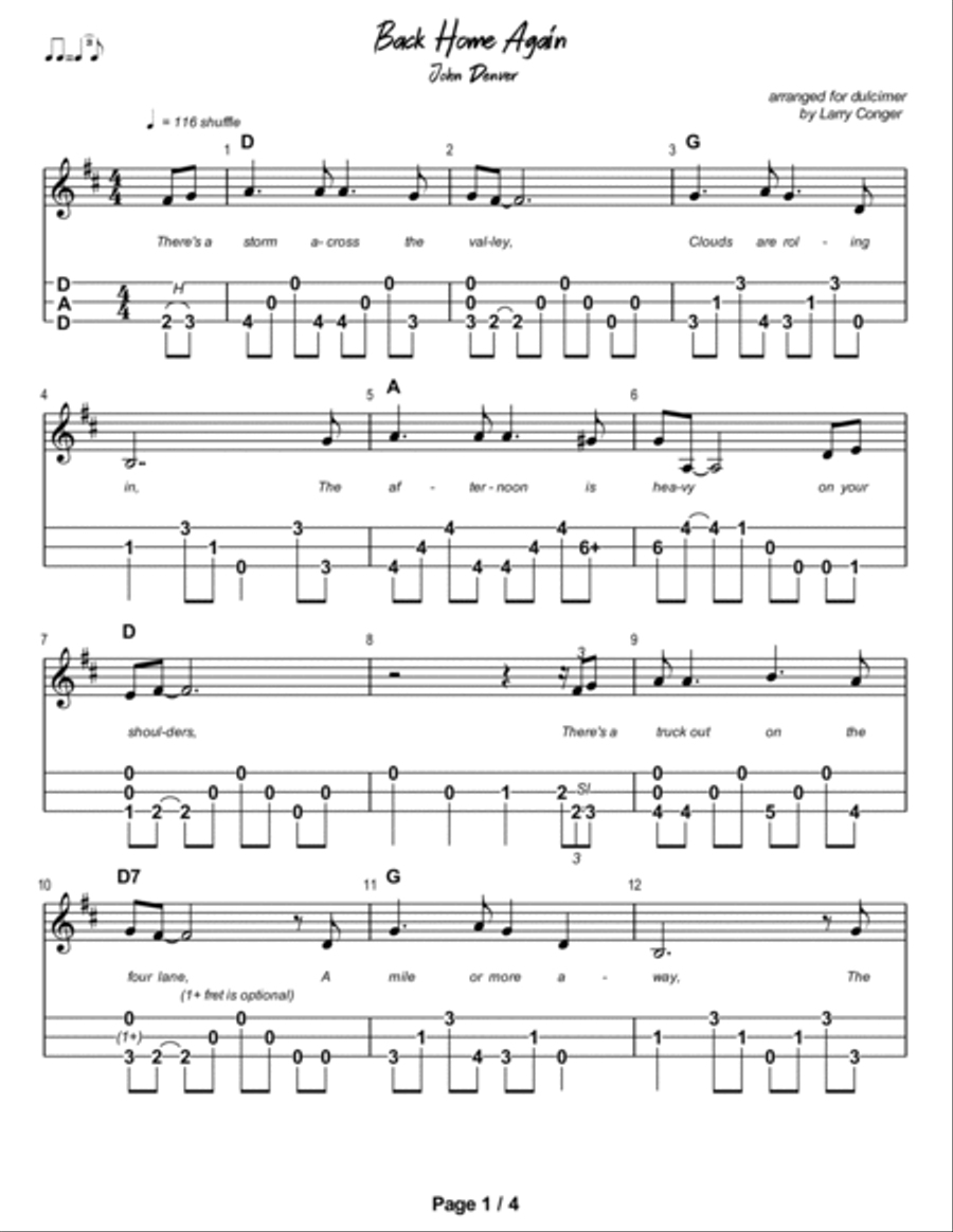 Back Home Again Dulcimer scores gallery preview page 2