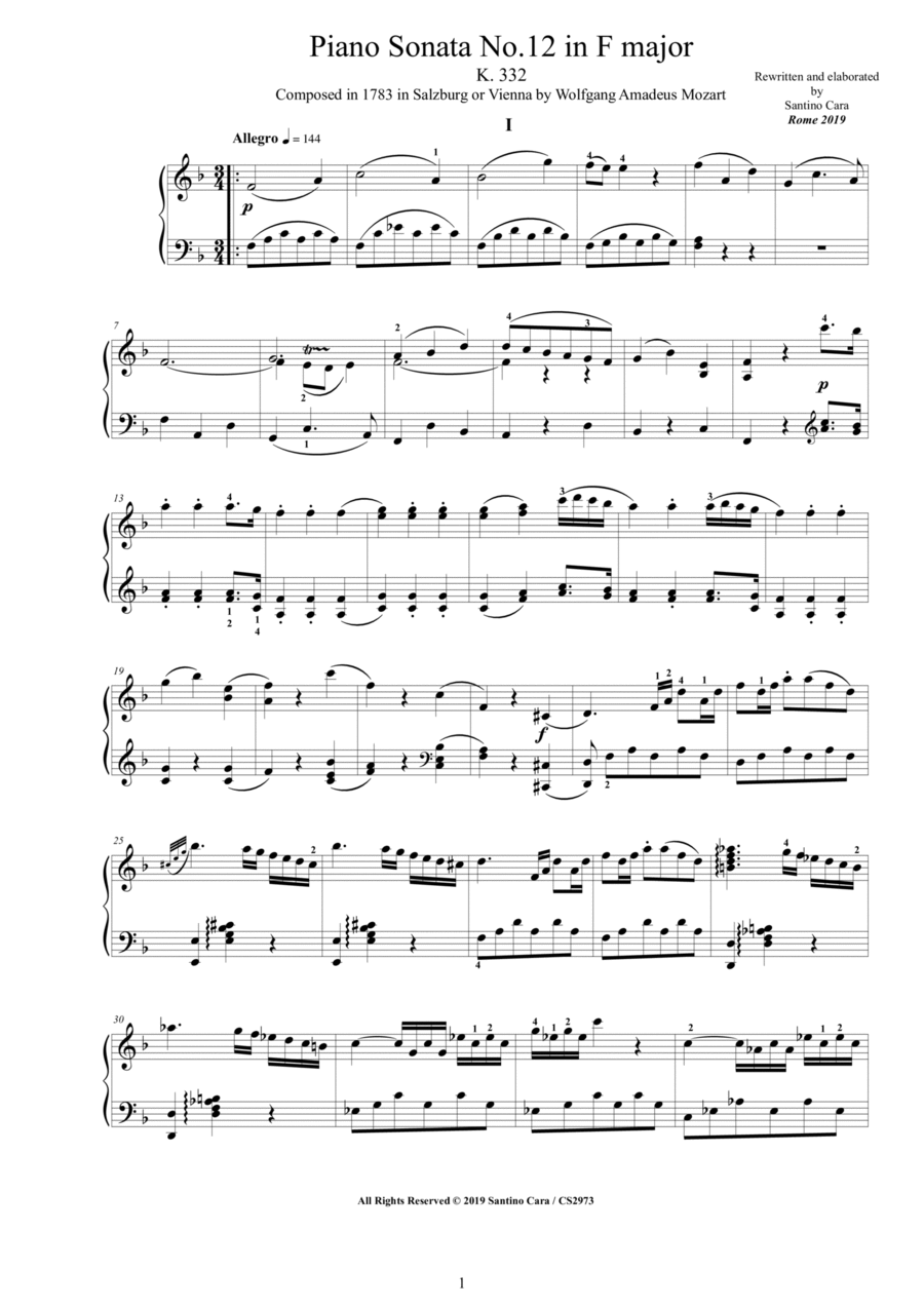 Mozart - Piano Sonata No.12 in F major K 332 - Complete score Piano Solo scores gallery preview page 1