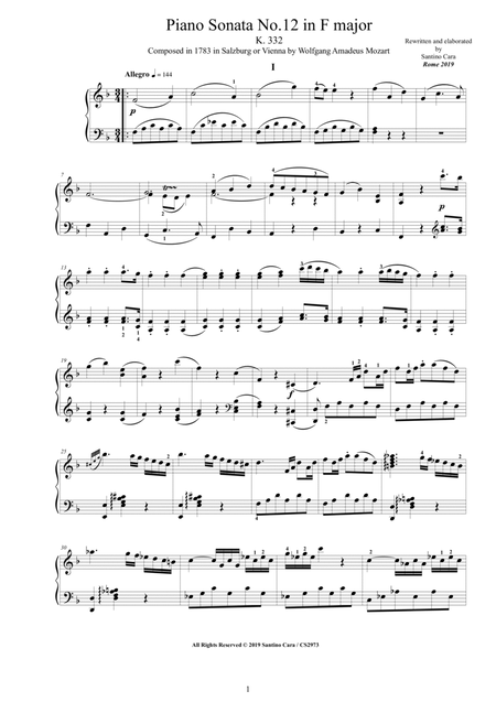 Digital　Solo　in　Sheet　Cara　score　Complete　Santino　by　Music　Mozart　K　major　F　Piano　No.12　Sonata　Plus　332　Piano　Sheet　Music