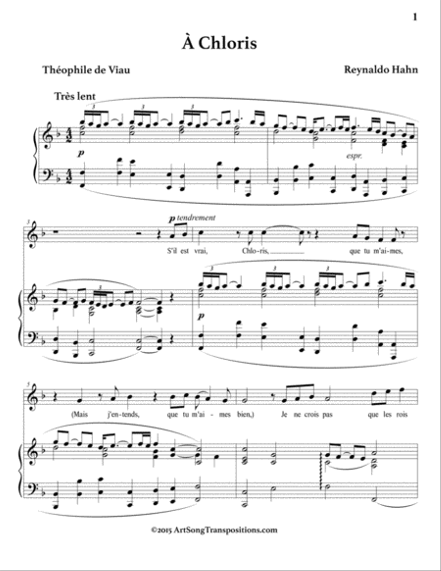 HAHN: À Chloris (in 3 medium keys: F, E, E-flat major) Voice scores gallery preview page 2