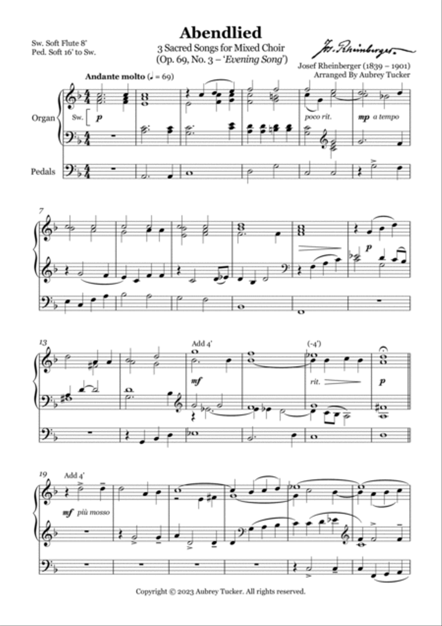 Organ: Abendlied / Evening Song (3 Sacred Songs for Mixed Choir, Op. 69, No. 3) - Josef Rheinberger A Cappella scores gallery preview page 2