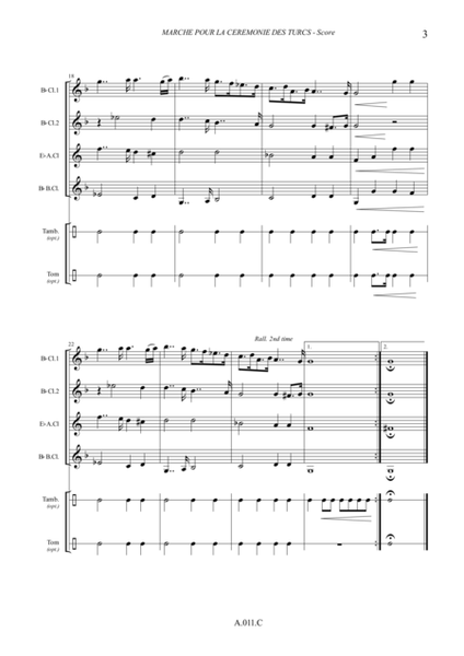 Marche pour la cérémonie des Turcs for Clarinet quartet and optional percussion - Score & parts