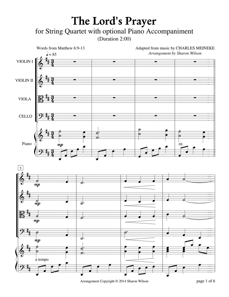 The Lord's Prayer (for string quartet with optional piano accompaniment) Small Ensemble scores gallery preview page 3