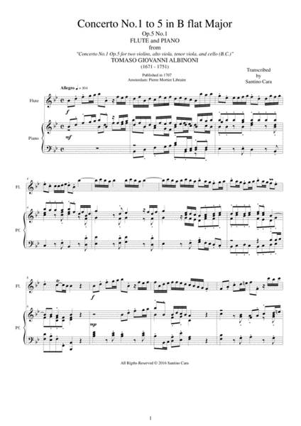Albinoni - Concerto No.1 to 5 in B flat major Op.5 for Flute and Piano image number null