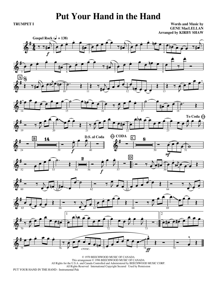 Put Your Hand In The Hand (arr. Kirby Shaw) - Bb Trumpet 1 Choir scores gallery preview page 1