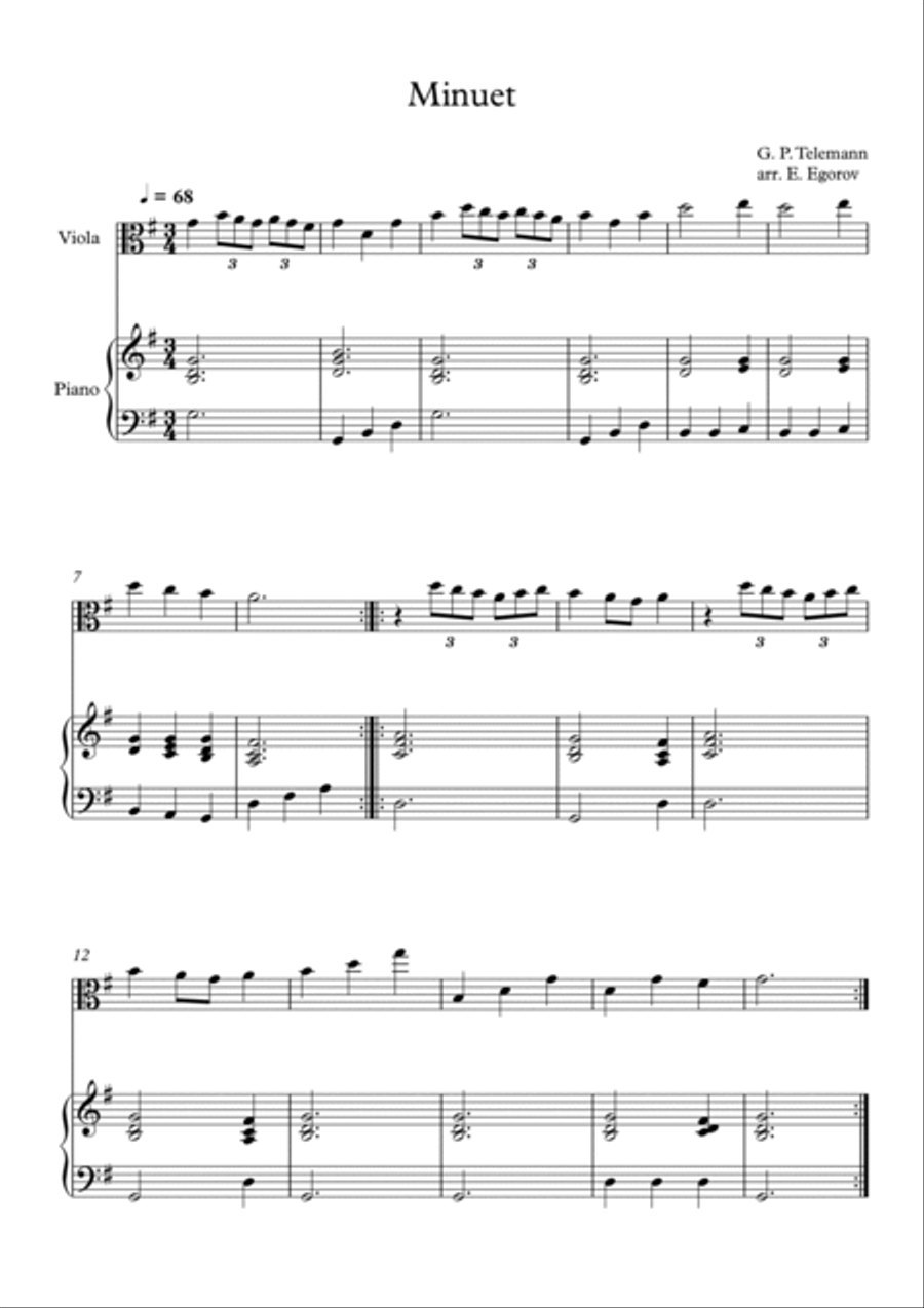 Minuet, Georg Philipp Telemann, For Viola & Piano Viola scores gallery preview page 1