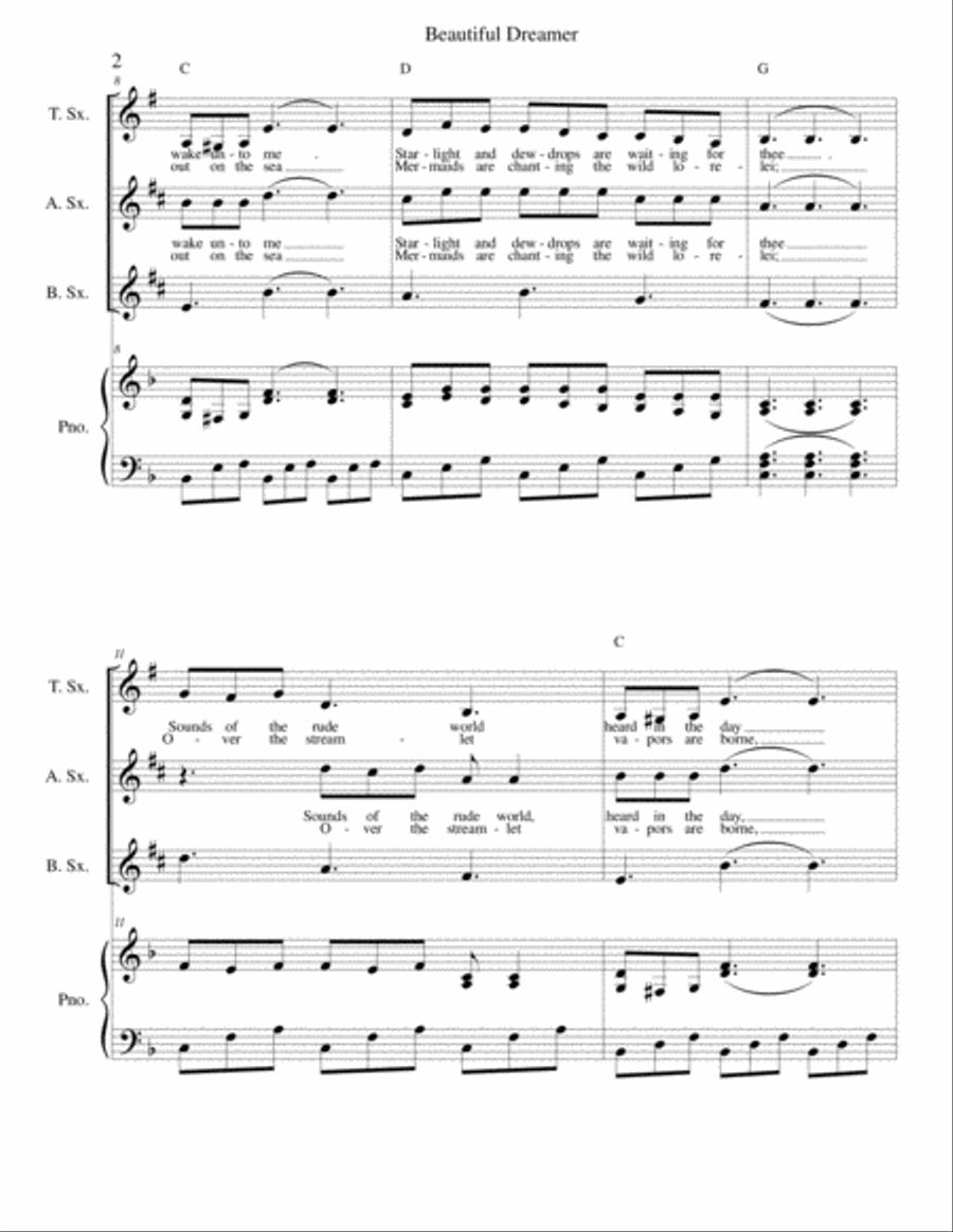Beautiful Dreamer Key of F Alto, Tenor & Baritone Saxophone Trio Small Ensemble scores gallery preview page 2