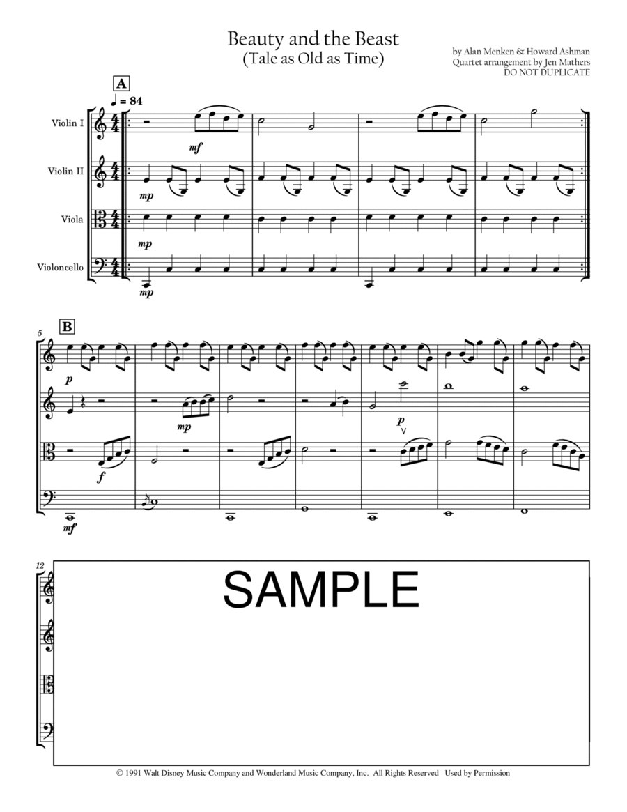 Beauty And The Beast String Quartet scores gallery preview page 1