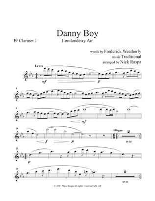 Danny Boy for Clarinet Quintet - B flat Clarinet 1 part