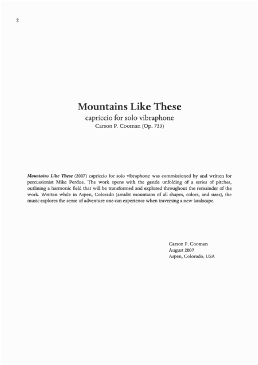 Carson Cooman: Mountains Like These (2007) capriccio for solo vibraphone Vibraphone scores gallery preview page 1