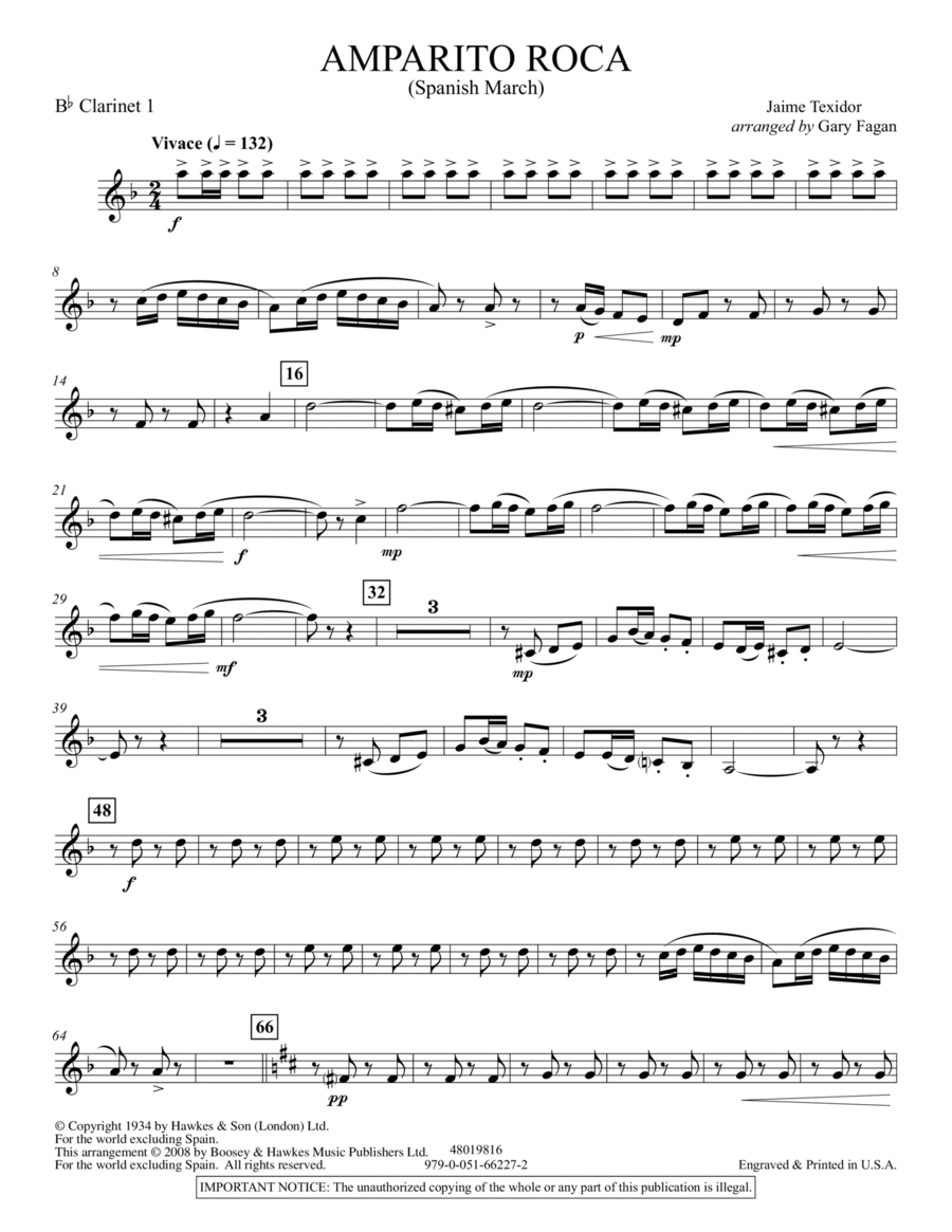Amparito Roca - Bb Clarinet 1 Concert Band scores gallery preview page 1