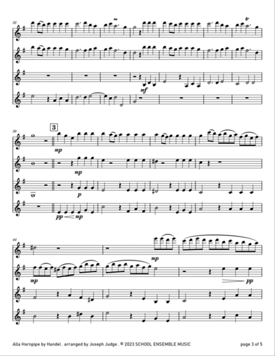 Alla Hornpipe by Handel for Clarinet Quartet in Schools Clarinet Quartet scores gallery preview page 3