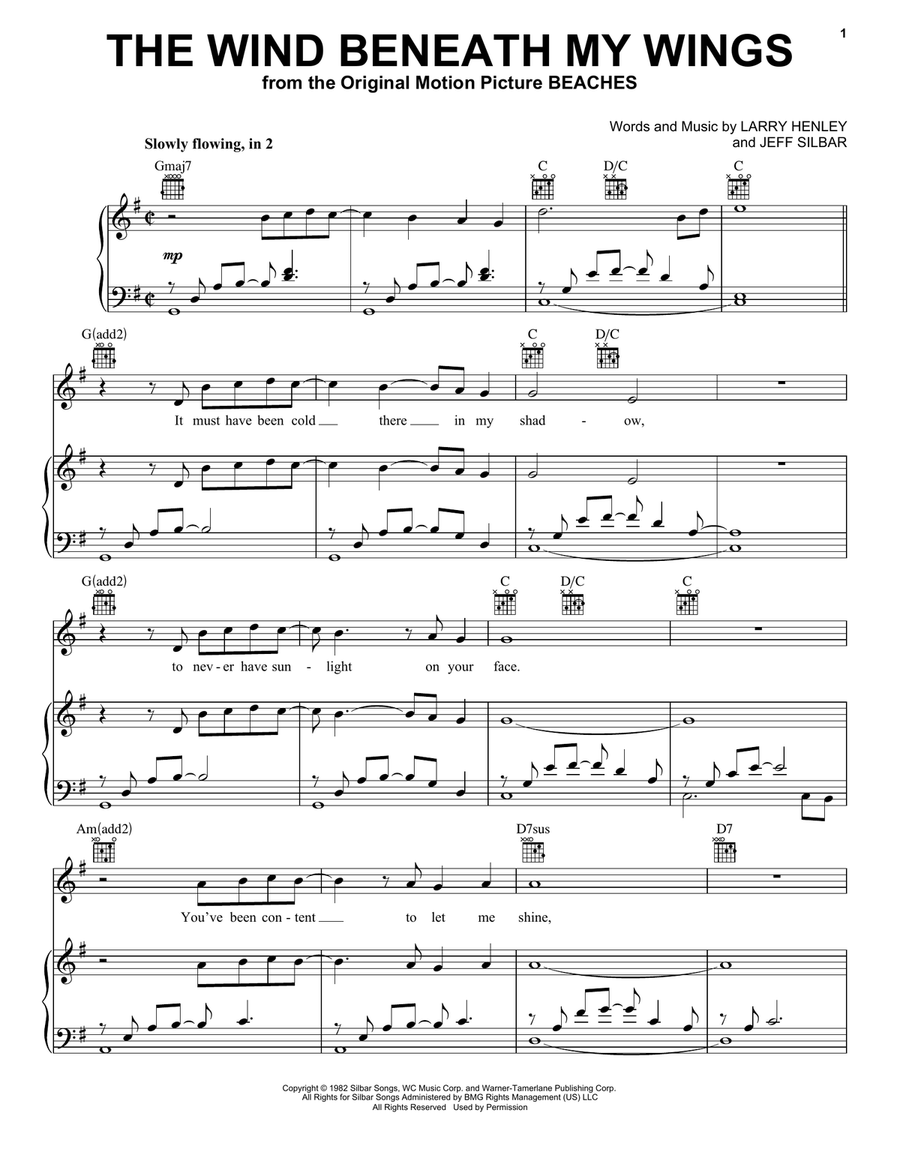 The Wind Beneath My Wings Piano, Vocal, Guitar scores gallery preview page 1