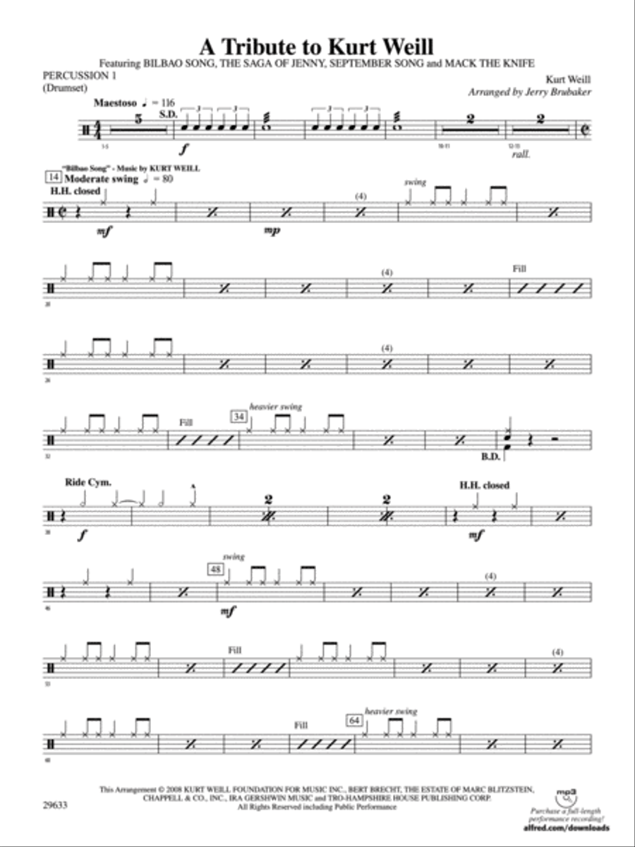 A Tribute to Kurt Weill: 1st Percussion Concert Band scores gallery preview page 1