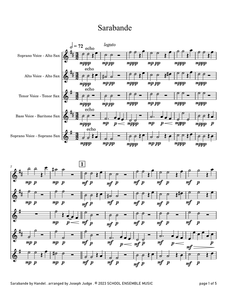 Sarabande by Handel for Saxophone Quartet in Schools Saxophone Quartet scores gallery preview page 1