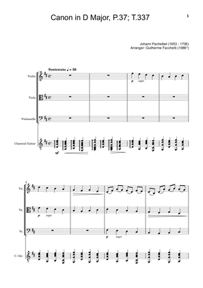Book cover for Johann Pachelbel - Canon in D Major, P.37; T.337. Arrangement for Violin, Viola, Cello, and Guitar