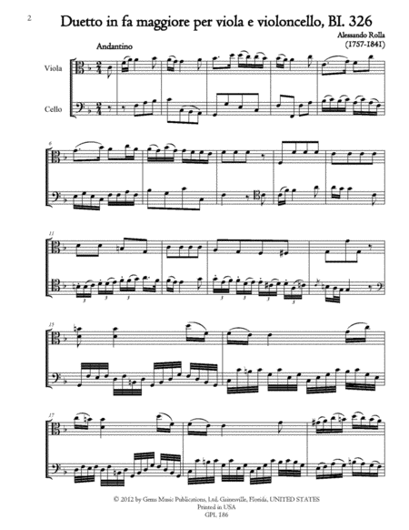 Duetto in fa maggiore, BI. 326 for Viola and Cello