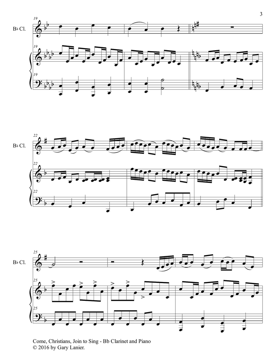 Gary Lanier: COME, CHRISTIANS, JOIN TO SING (Duet – Bb Clarinet & Piano with Parts) Woodwind Duet scores gallery preview page 4