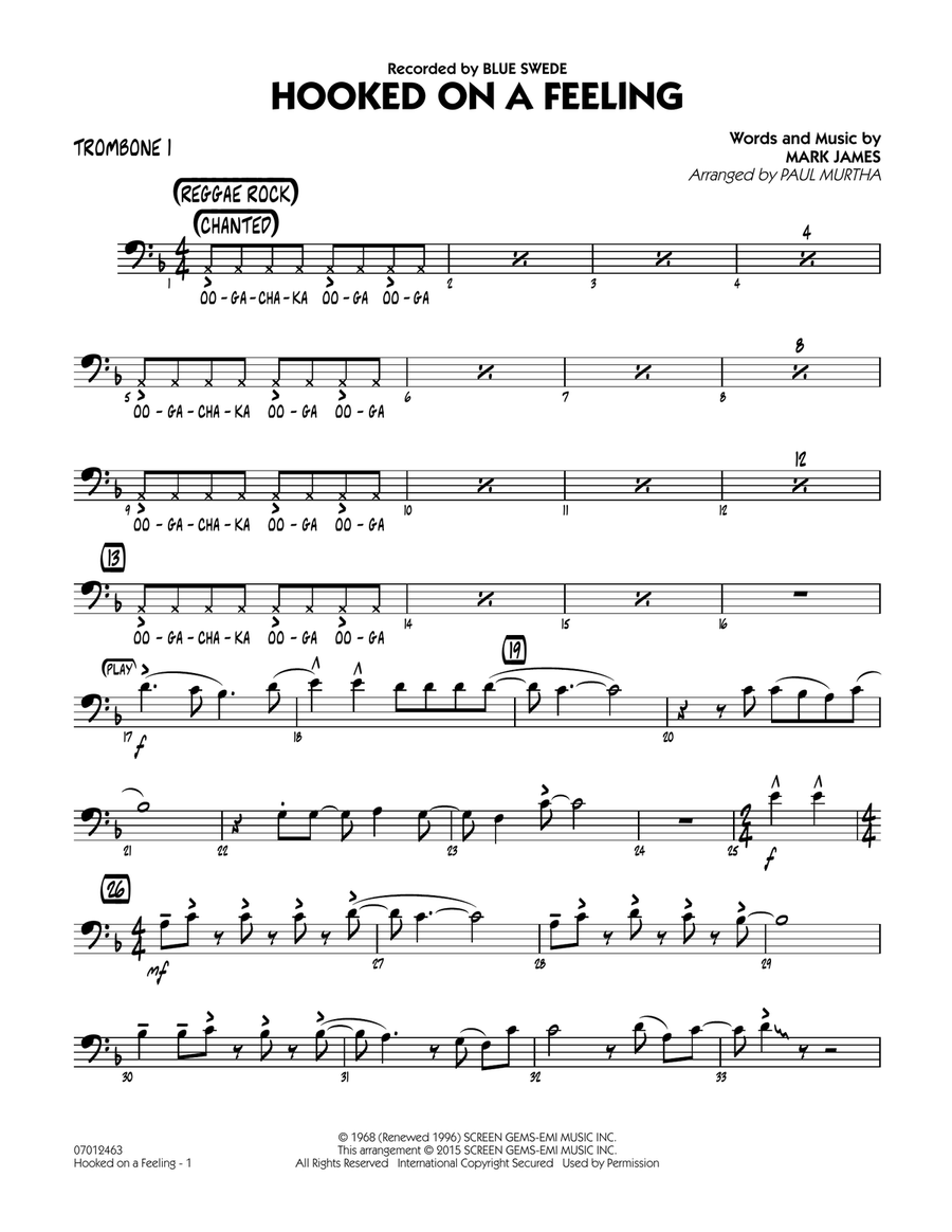 Hooked On A Feeling - Trombone 1 Jazz Ensemble scores gallery preview page 1