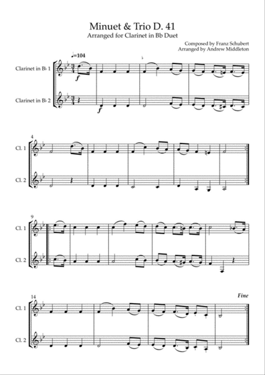 Minuet & Trio D.41 arranged for Clarinet Duet Clarinet Duet scores gallery preview page 3