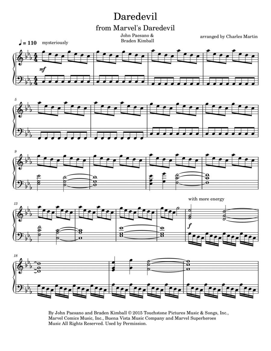 Daredevil Main Titles Piano Solo scores gallery preview page 1