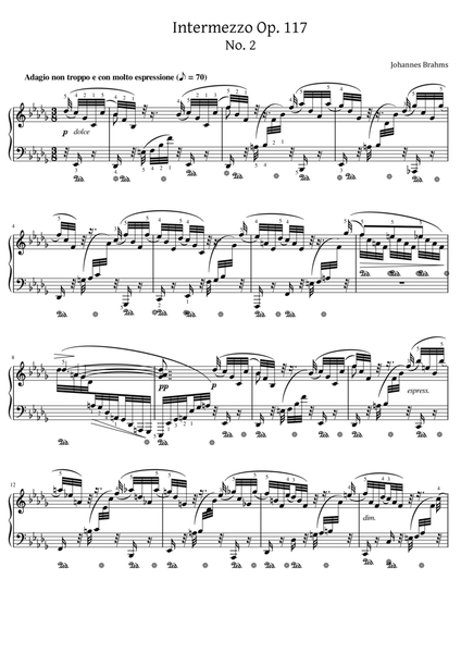 Brahms - 3 Intermezzi, Op.117 No.2 - Original With Fingered For Piano Solo image number null