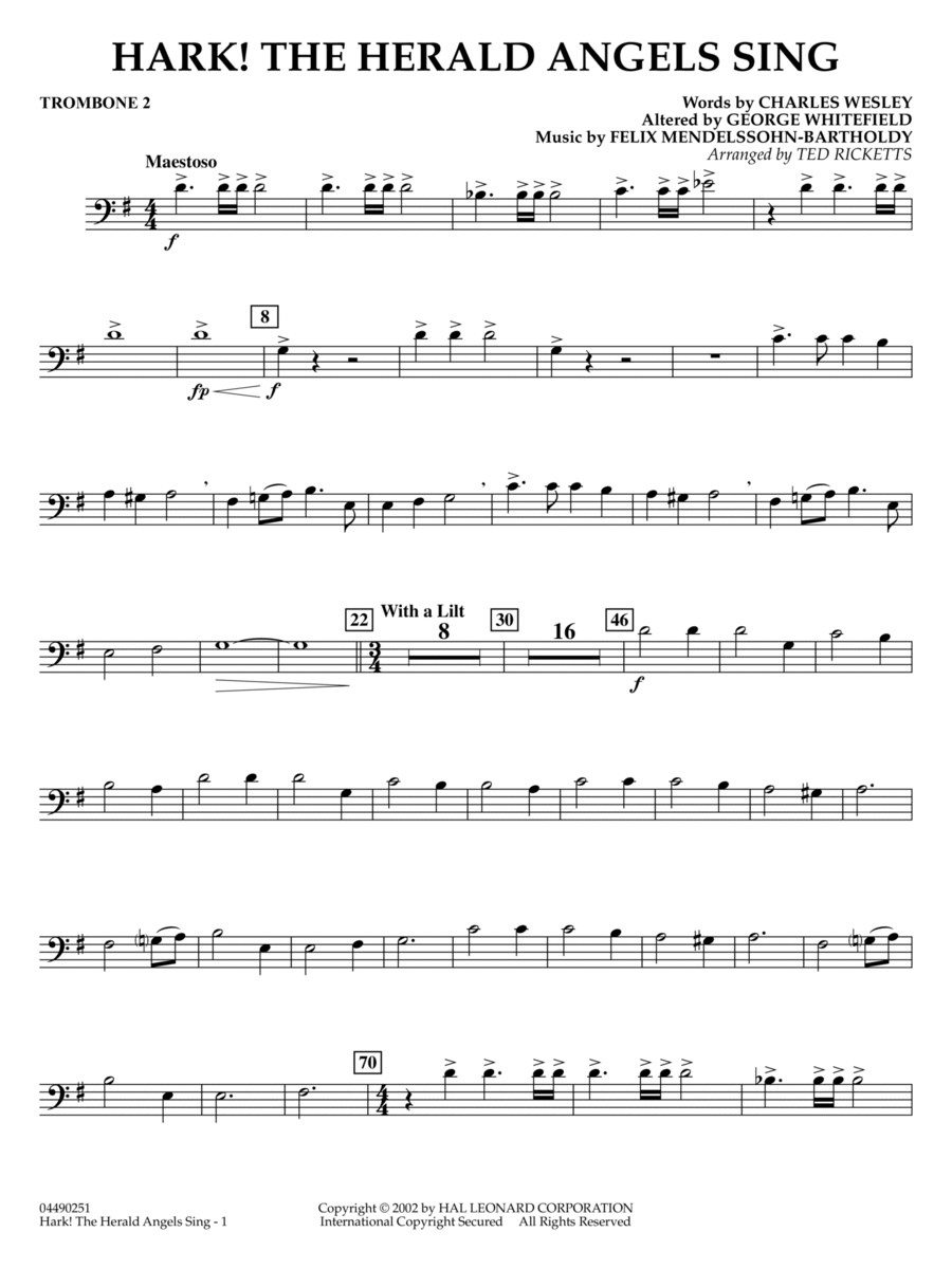 Hark! The Herald Angels Sing (arr. Ted Ricketts) - Trombone 2 Full Orchestra scores gallery preview page 1