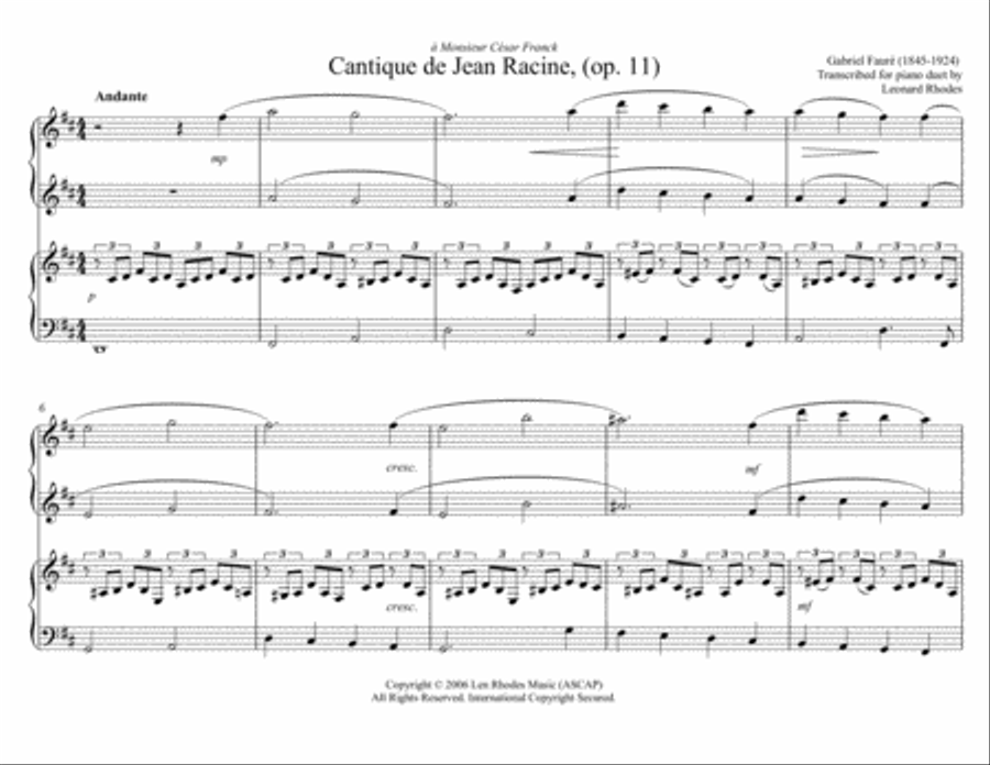 Fauré - Cantique de Jean Racine, for piano duet, four hands, one piano 1 Piano, 4-Hands scores gallery preview page 1