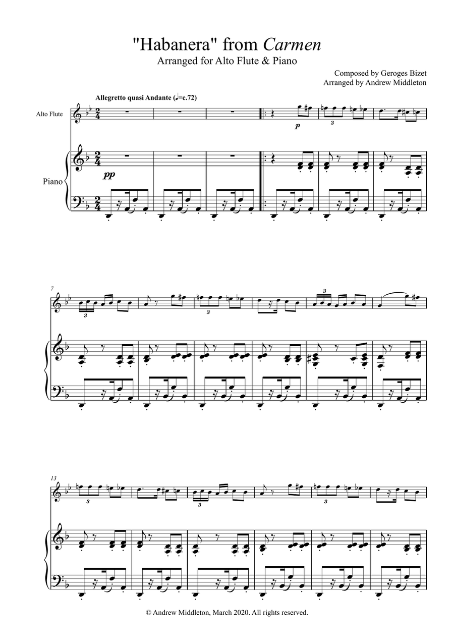 Habanera from Carmen arranged for Alto Flute and Piano Flute Solo scores gallery preview page 1