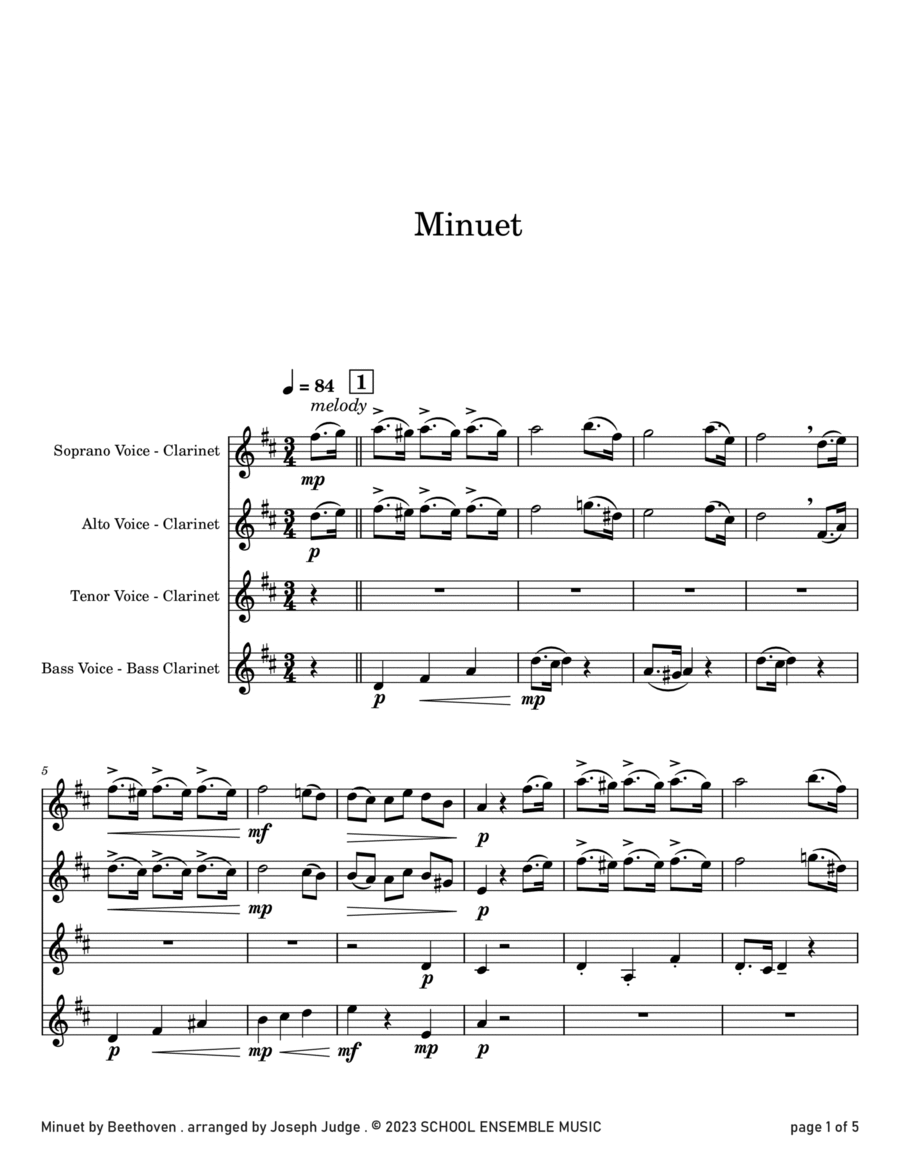 Minuet by Beethoven for Clarinet Quartet in Schools Clarinet Quartet scores gallery preview page 1