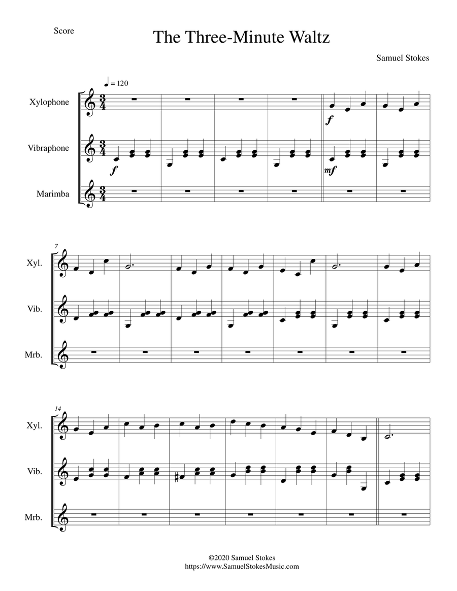 The Three-Minute Waltz - for mallet keyboard percussion trio Percussion Ensemble scores gallery preview page 1
